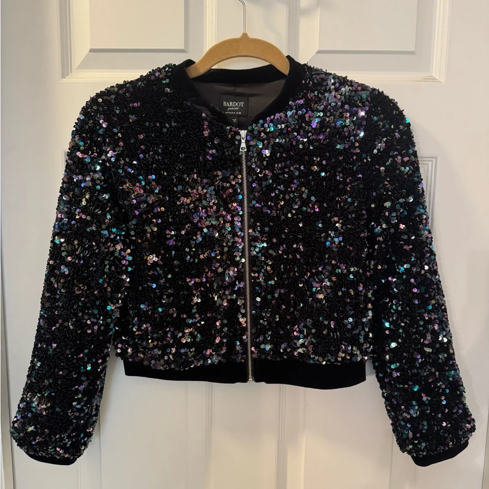 Bardot Girl's Nikki Sequined Sparkle Bomber Jacket Size 14 NWOT